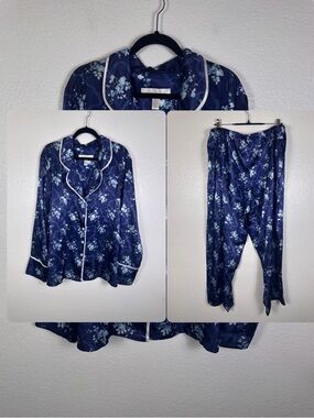 Madeleine Fig Women's Navy Floral Satin Pajama Set 3XL Plus Size Long Sleeve
